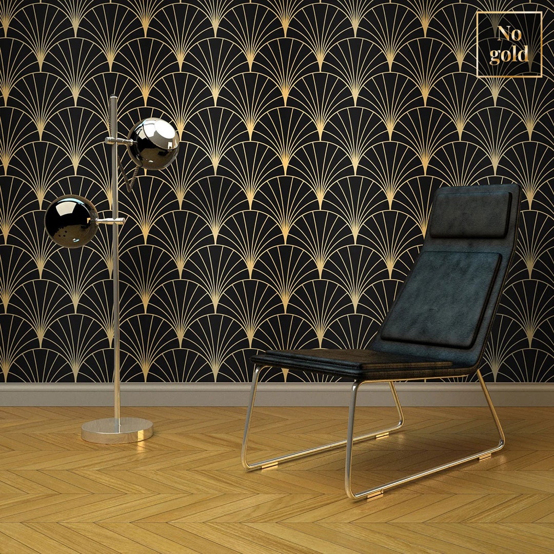 Black Art Deco Wallpaper, Dark Wall Mural, Repositionable, Peel and