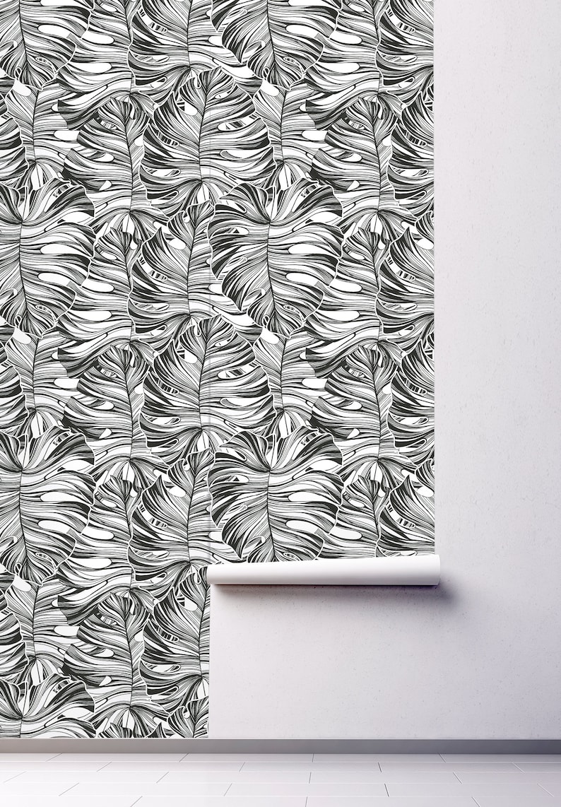 Monstera Leaf Wallpaper Peel and Stick Wall Mural Black and Etsy