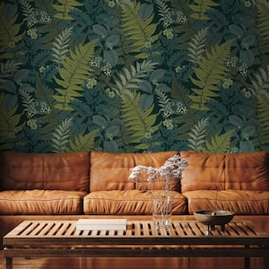 Dunkle botanische Tapete, Farnblätter-Wandbild, abziehen und aufkleben, Vinyl, Wanddekoration, abnehmbare oder traditionelle Tapete