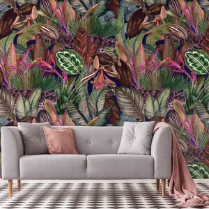 Bunte Tapete mit tropischen Blättern, abnehmbar, abziehen und aufkleben, Tapete mit botanischem Boho-Muster, Tapetenrolle, Wanddekoration