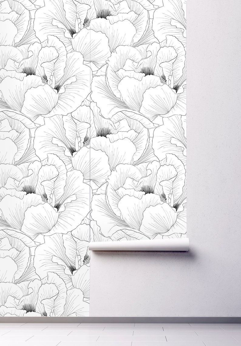 Black & white floral mural peel and stick wallpaper | Etsy