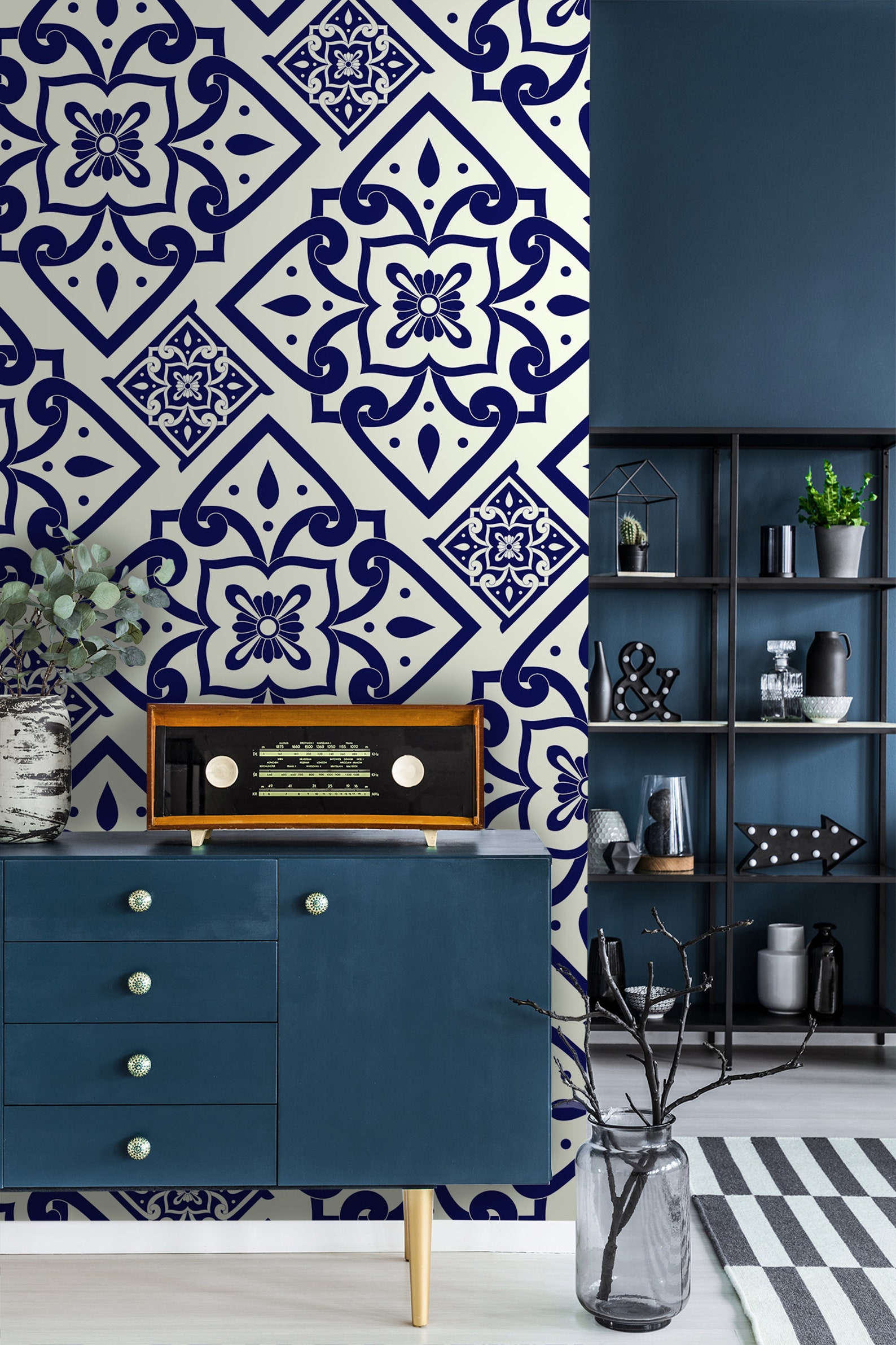 Blue spanish tile geometric wallpaper repositionable peel and | Etsy