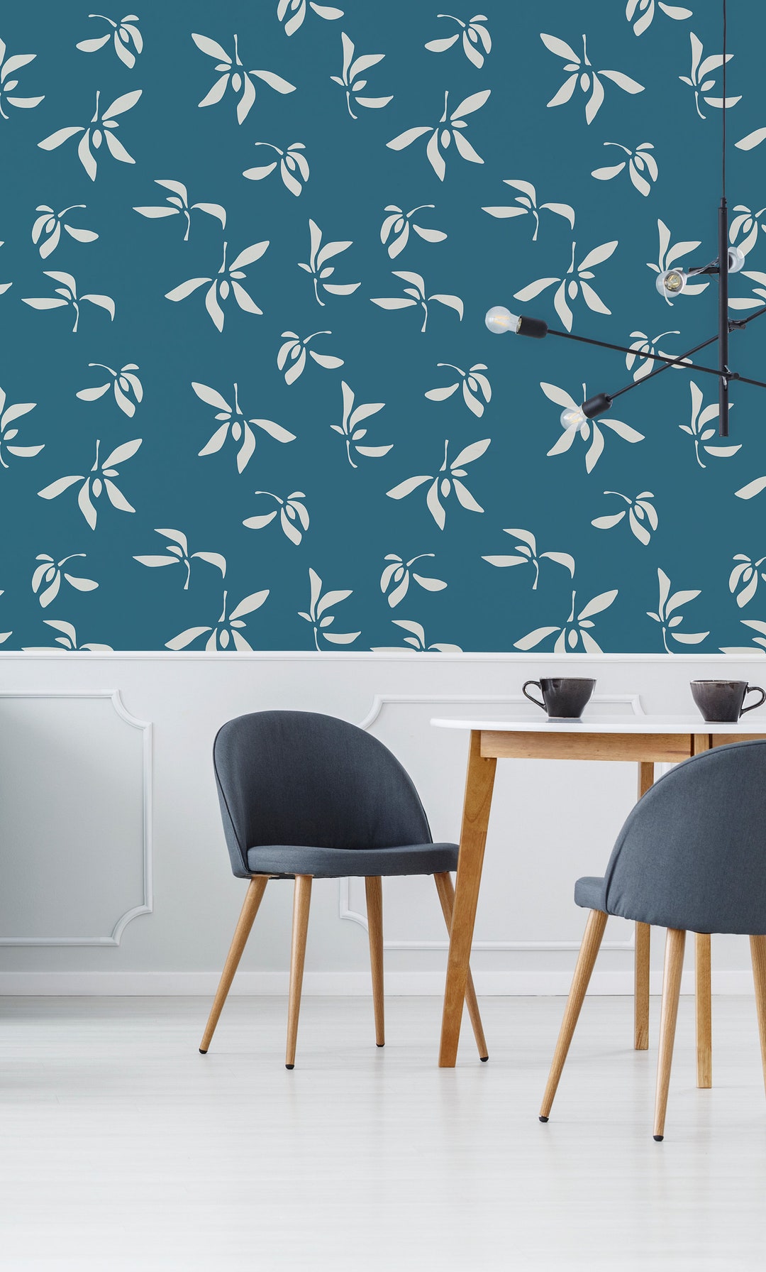 Blue Wallpaper With Beige Flowers, Peel and Stick Wall Mural With ...