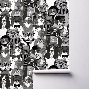 Papel pintado de perro hipster, mural de pared despegable y pegable, papel pintado temporal, papel pintado de animales removible, arte de pared, decoración del hogar imagen 5