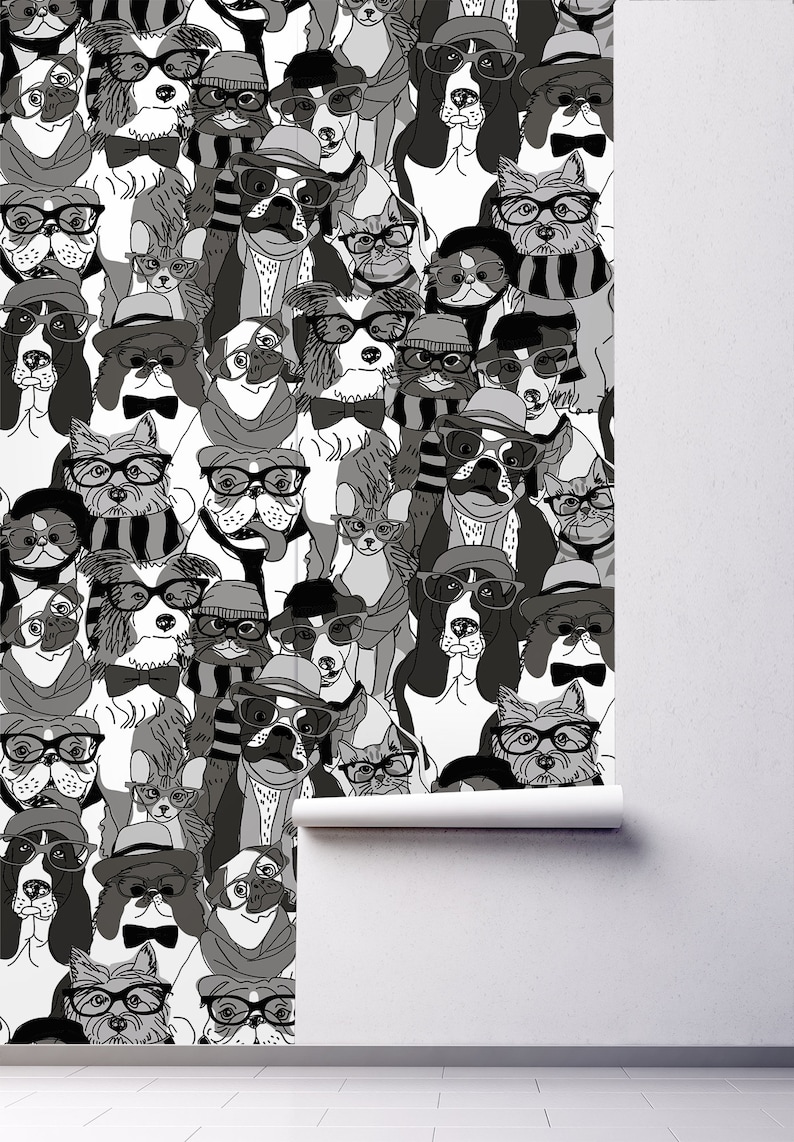 Papel pintado de perro hipster, mural de pared despegable y pegable, papel pintado temporal, papel pintado de animales removible, arte de pared, decoración del hogar imagen 5