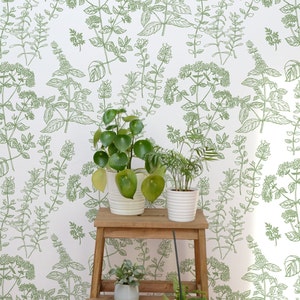 Green botanical wallpaper, floral pattern wallpaper, self adhesive, repositionable, wallpaper roll, wall decor