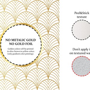 May include: A white background with a gold geometric pattern. The text "NO METALLIC GOLD NO GOLD FOIL" is in a circle. The text "Golden colors will be printed in olive-brown to yellow colors (only gradient color printing)." is below the circle. The text "Peel&Stick texture" is on the right side of the image. A white circle with a textured surface is below the text. The text "Don't apply it on textured walls!" is below the circle. A gray circle with a textured surface is below the text.