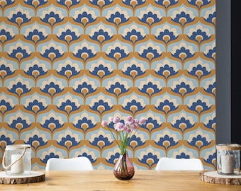 Geometric vintage wallpaper with blue pattern, peel and stick abstract wall mural, removable wallpaper, home decor