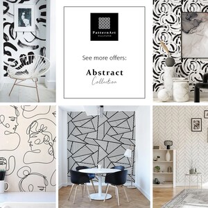 Puede incluir: Un collage de seis im&aacute;genes que muestran diferentes dise&ntilde;os de papel tapiz abstracto en blanco y negro. Los dise&ntilde;os incluyen patrones geom&eacute;tricos, remolinos y arte lineal. El texto "Ver m&aacute;s ofertas: Colecci&oacute;n abstracta" se muestra en el centro del collage.
