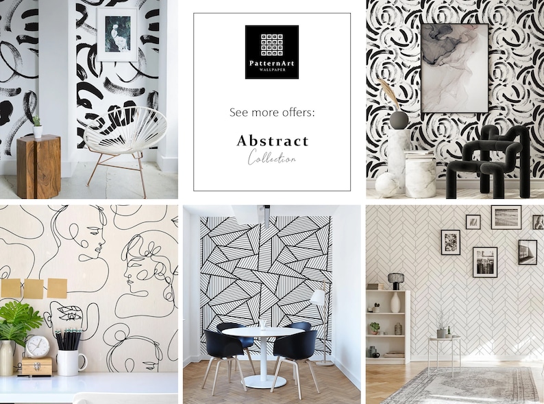 Op de afbeelding: Een collage van zes afbeeldingen die verschillende abstracte behangontwerpen in zwart en wit laten zien. De ontwerpen omvatten geometrische patronen, swirls en lijnkunst. De tekst "Meer aanbiedingen bekijken: Abstracte collectie" wordt in het midden van de collage weergegeven.