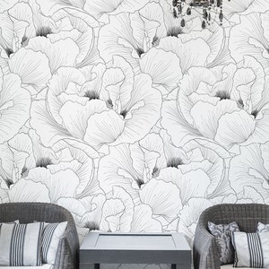Black & White Floral Mural, Peel and Stick Wallpaper, Mimimalistic Wall
