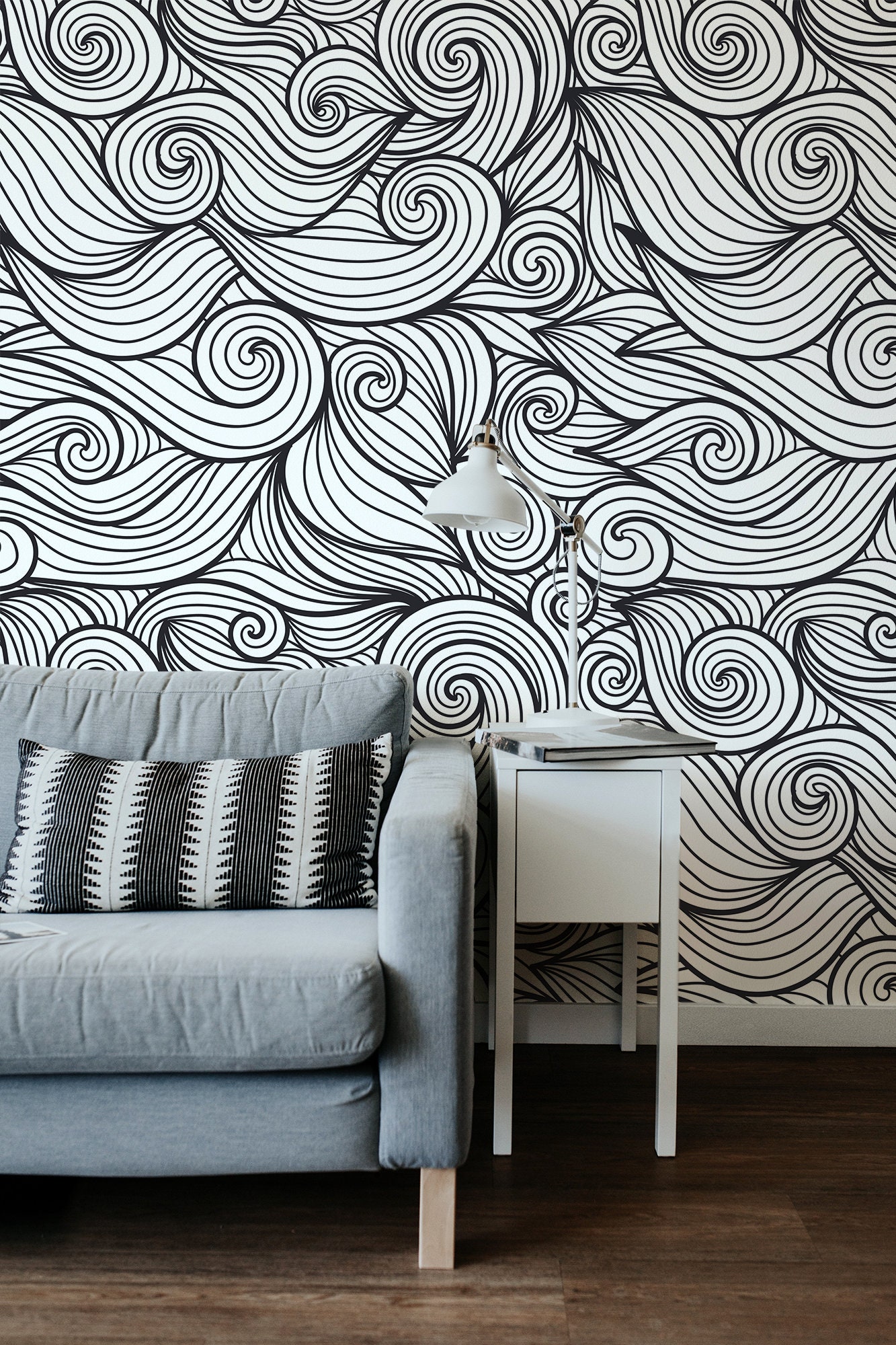 Abstract Waves Self Adhesive Wallpaper, Minimalistic Black and White ...