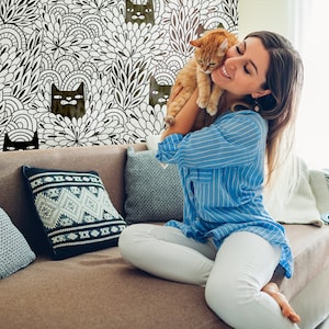 Papier peint noir et blanc chat, papier peint amovible, peler et coller, auto-adhésif, décoration murale, papier peint temporaire personnalisé, papier peint animal