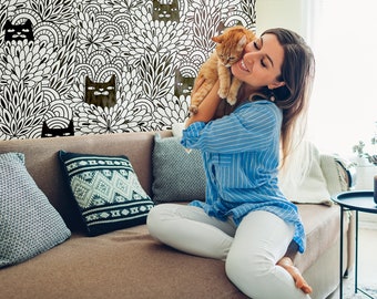 Papel pintado de gato en blanco y negro, papel pintado removible, despegar y pegar, autoadhesivo, decoración de pared, papel pintado temporal personalizado, papel pintado de animales