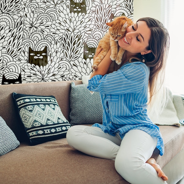 Cat black and white wallpaper, removable wallpaper, peel and stick, self adhesive, wall decor, custom temporary wallpaper, animal wallpaper