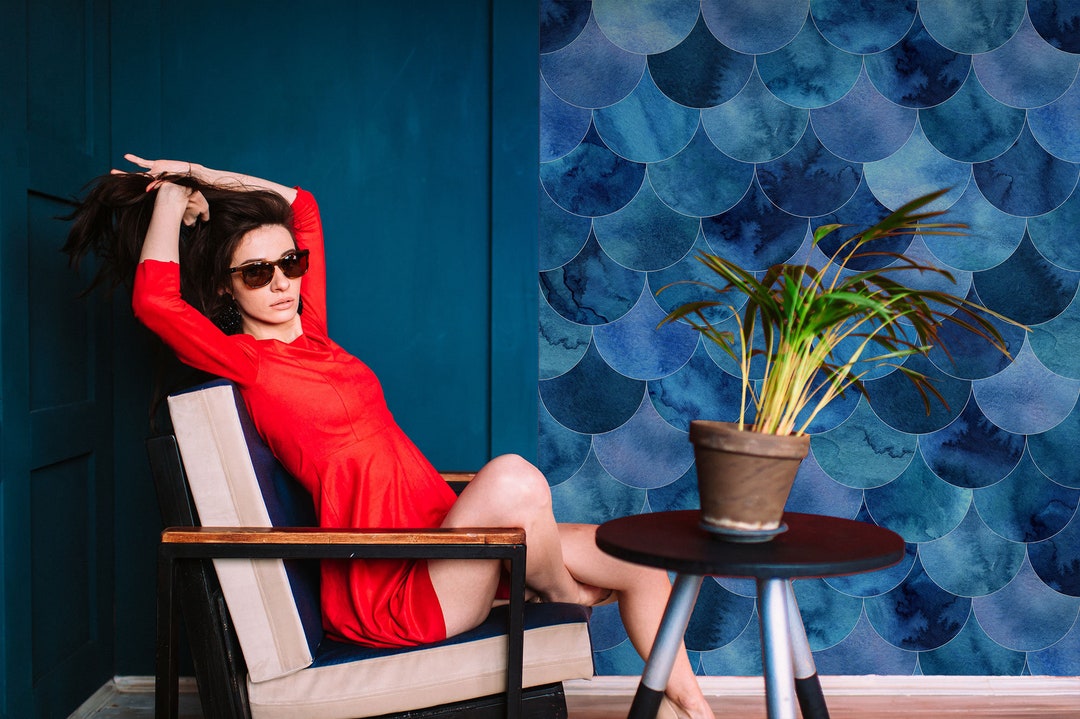 Fish Scales Pattern Wallpaper, Blue Abstract Wallpaper, Peel and Stick