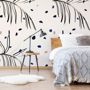 Tapete mit Blättern und Flecken, Wandbild im Boho-Stil, Blattdruck, selbstklebend, abziehen und aufkleben, Tapetenwandbild, Wanddekoration, individuelle Tapete