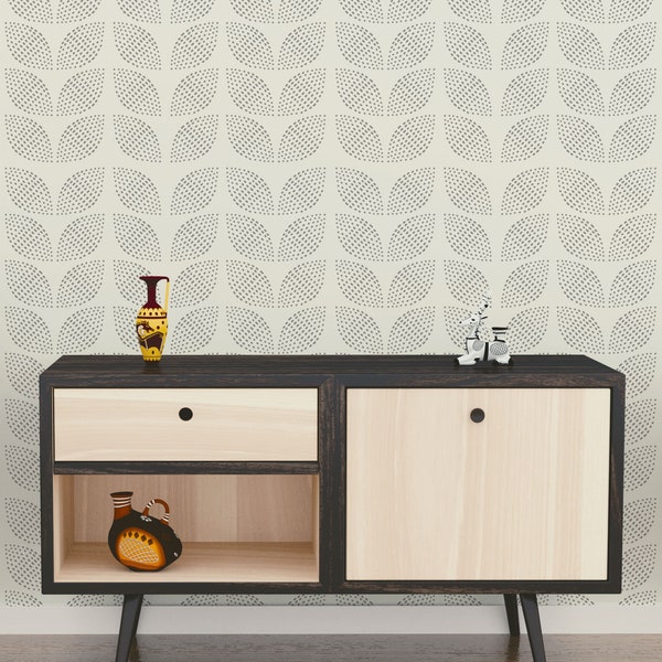 Minimalistic wallpaper with leaf motif, peel and stick temporary wall mural, removable wallpaper, home decor in retro style