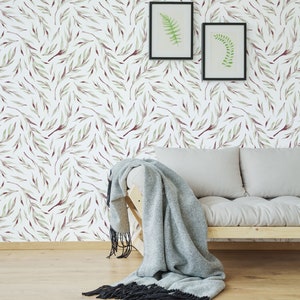 Botanical wallpaper with leaf pattern, watercolor, peel and stick, temporary wallpaper, wall decor, removable or traditional wallpaper