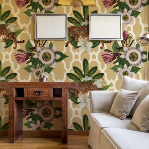 Retro floral wallpaper, peel and stick removable wallpaper, chetah and flowers pattern, geometric wallpaper, wallpaper roll, wall decor