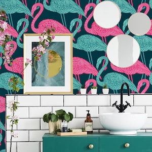 Flamingo-Tapete, rosa und blaue Tapete, abziehen und aufkleben, temporäre Tapete, Wanddekoration, abnehmbare oder traditionelle Tapete