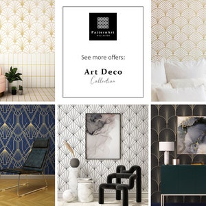 Puede incluir: Un collage de im&aacute;genes que muestran diferentes dise&ntilde;os de papel tapiz Art Deco. El papel tapiz presenta patrones geom&eacute;tricos en oro, negro y blanco. Las im&aacute;genes muestran el papel tapiz en varias habitaciones con muebles y decoraci&oacute;n.