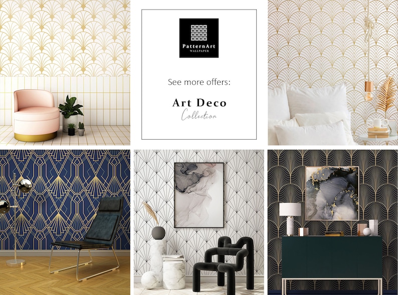 Puede incluir: Un collage de im&aacute;genes que muestran diferentes dise&ntilde;os de papel tapiz Art Deco. El papel tapiz presenta patrones geom&eacute;tricos en oro, negro y blanco. Las im&aacute;genes muestran el papel tapiz en varias habitaciones con muebles y decoraci&oacute;n.
