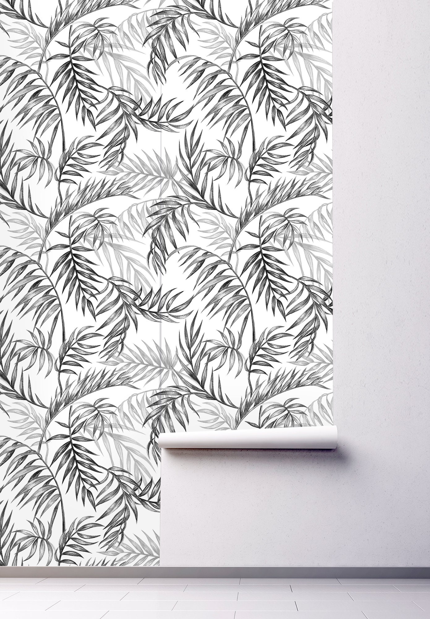 Tropical Wallpaper With Pattern of Palm Leaves, Peel and Stick Wall ...