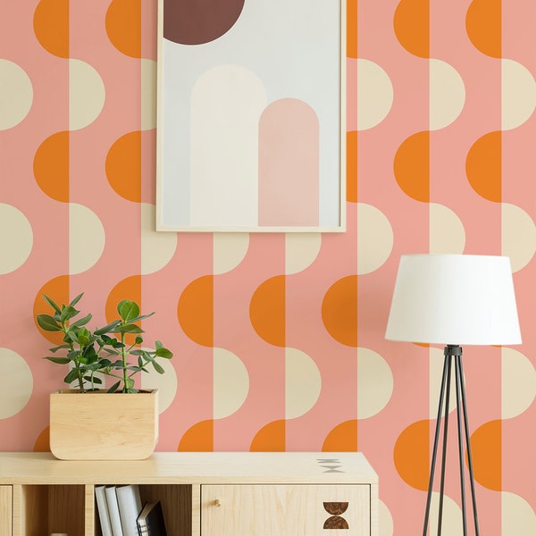 Geometric wallpaper, retro 70s wallpaper, mid-century wallpaper, peel and stick, vinyl, wall decor, removable or traditional wallpaper