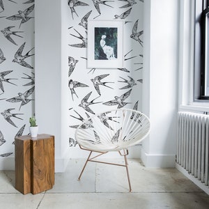 Swallows wallpaper, self adhesive wall mural with hand drawn black and white pattern, temporary wallpaper, wall sticker