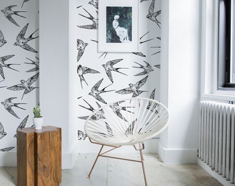 Swallows wallpaper, self adhesive wall mural with hand drawn black and white pattern, temporary wallpaper, wall sticker