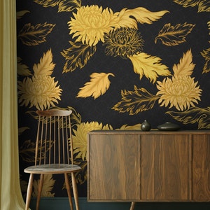 Oriental wallpaper with yellow chrysanthemums, floral pattern wallpaper, self adhesive, repositionable, wallpaper roll, wall decor