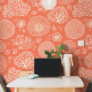 Orangefarbene Tapete mit Meerespflanzen, Wandbild, selbstklebend, abziehen und aufkleben, Tapetenwandbild, Wanddekoration, Akzentwand, individuelle Tapete