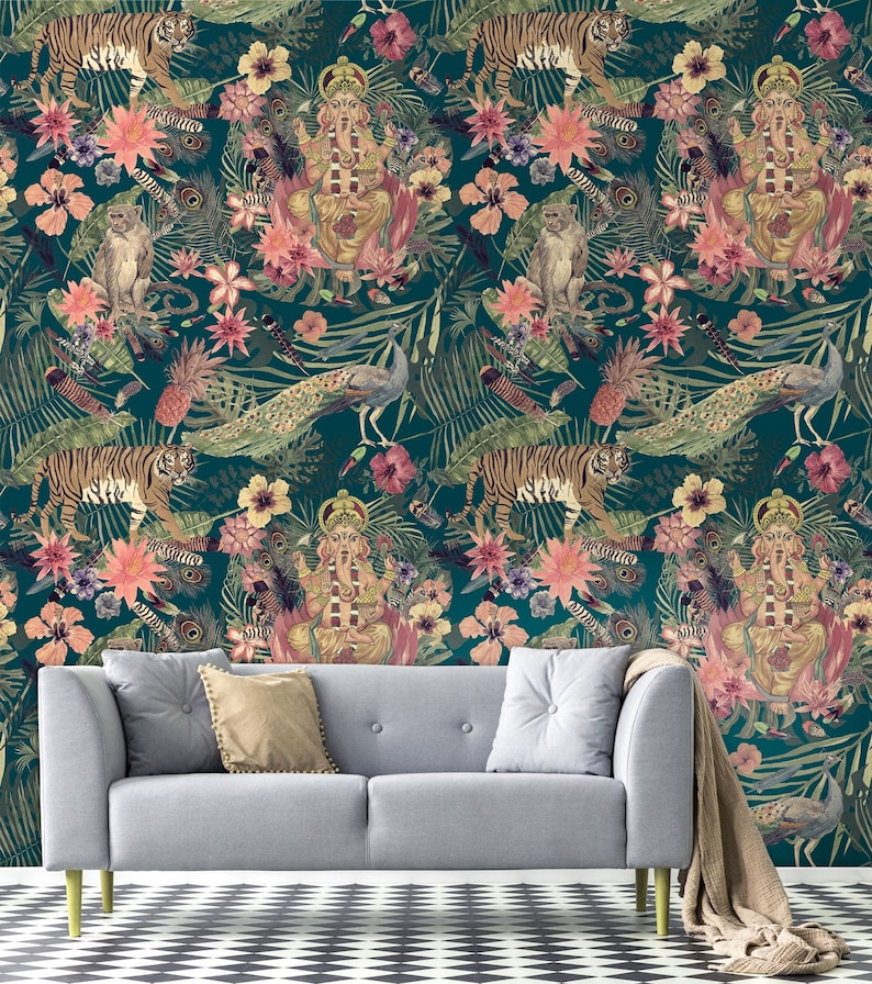 Indian jungle wallpaper, Ganesha, tiger & monkey, peel and stick removable wallpaper, self adhesive temporary wallpaper roll, wall decor image 2