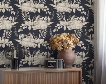 Rabbit and flower pattern wallpaper, dark wallpaper, peel and stick, vinyl, wall decor, removable or traditional wallpaper