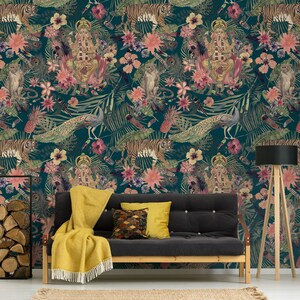 Indian jungle wallpaper, Ganesha, tiger & monkey, peel and stick removable wallpaper, self adhesive temporary wallpaper roll, wall decor image 4