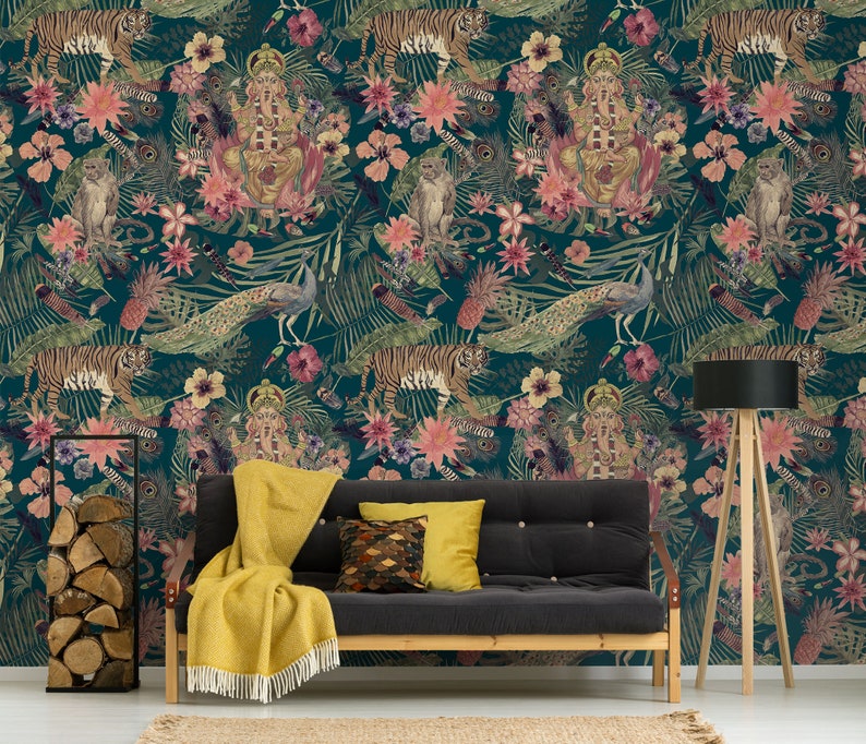 Indian jungle wallpaper, Ganesha, tiger & monkey, peel and stick removable wallpaper, self adhesive temporary wallpaper roll, wall decor image 4