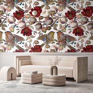 Tapete mit Vögeln und Blumen, abziehen und aufkleben, Tapetenwandbild, Wandbild, Blumendruck, selbstklebend, Wanddekoration, individuelle Tapete