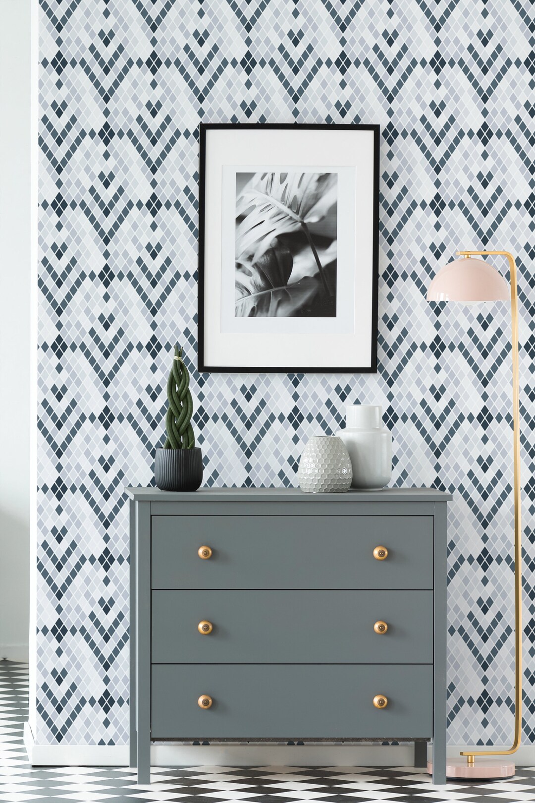 Geometric Wallpaper With Gray Mosaic, Peel and Stick Wall Mural