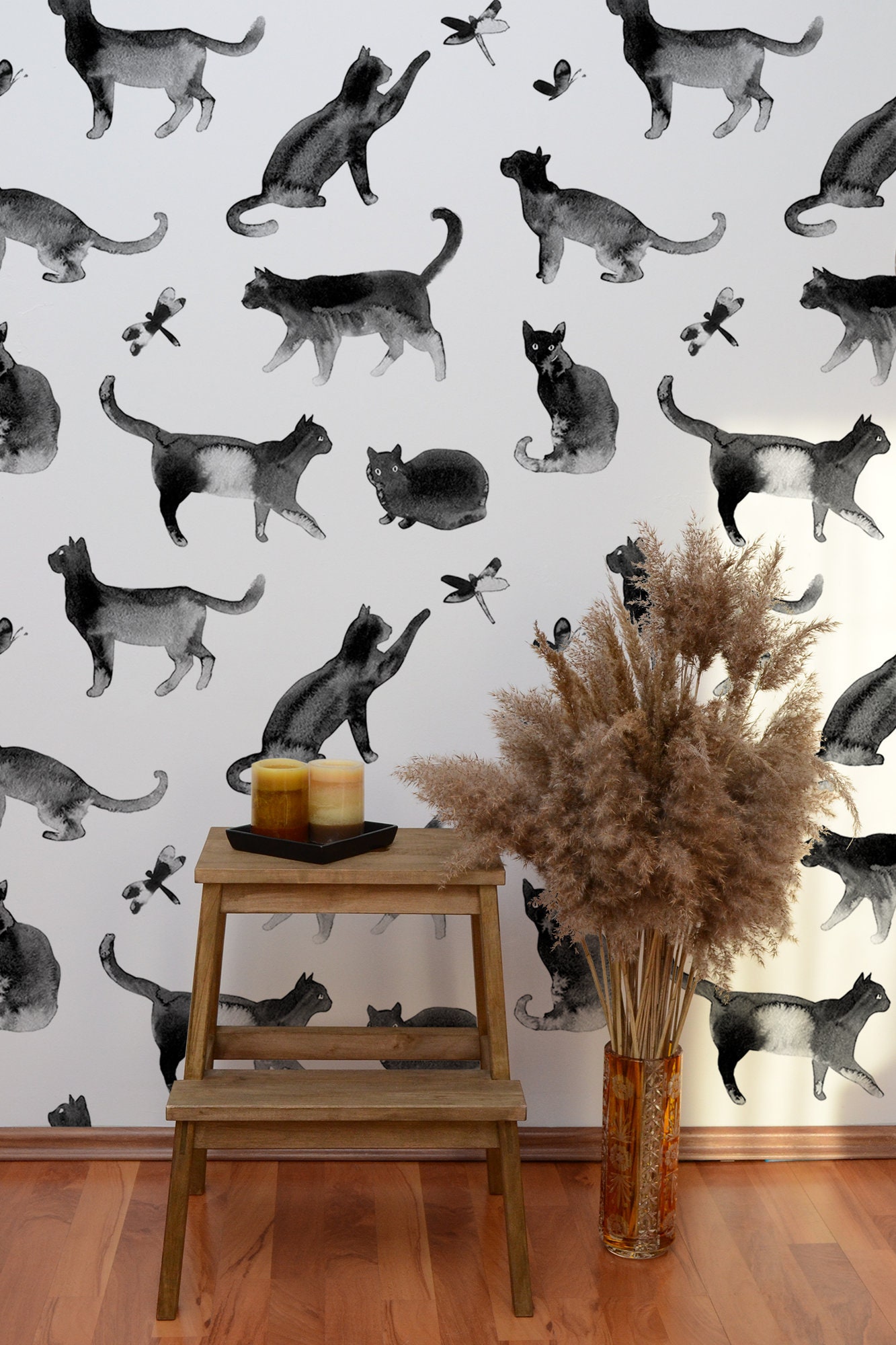 Cat watercolor wallpaper peel and stick wall mural removable Etsy