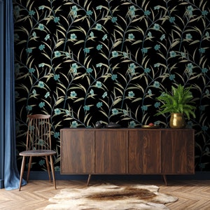 Dark floral wallpaper, botanical, watercolor wallpaper, peel and stick, vinyl, wall decor, removable or traditional wallpaper
