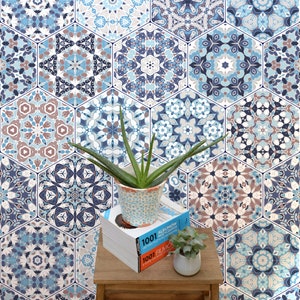 Moroccan blue tile wallpaper, removable peel and stick wallpaper, repositionable wall sticker, tile art wallpaper, home decor