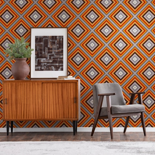 Retro Wallpaper With Geometric Pattern Peel and Stick Wall - Etsy UK Retro Wallpaper With Geometric Pattern Peel and Stick Wall - Etsy UK