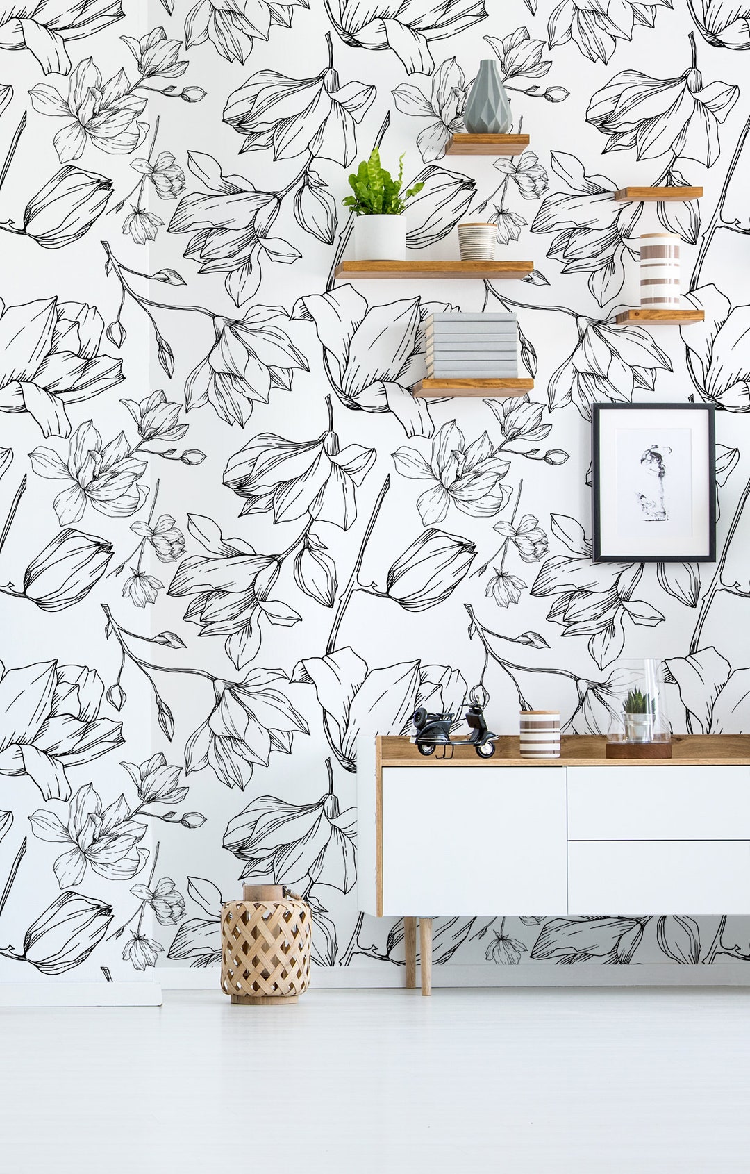 Black & White Floral Wallpaper, Peel and Stick Wall Mural, Flower Wall