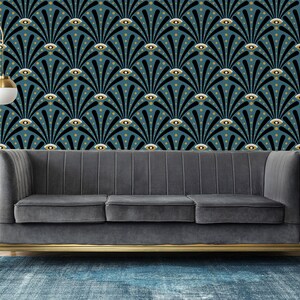 Dark Blue Art Deco Geometric Pattern Wallpaper, Peel and Stick