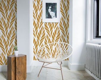 Geometric leaves removable wallpaper, peel and stick wall mural with elegant leaves, temporary wallpaper, home decor