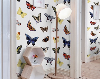 May include: White wallpaper with a repeating pattern of colorful butterflies. The butterflies are in various sizes and positions, creating a whimsical and decorative design. A floor lamp with a white shade stands in the corner of the room.