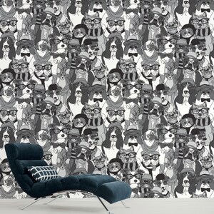 Puede incluir: Ilustraci&oacute;n en blanco y negro de un patr&oacute;n repetido de perros con gafas y sombreros. Los perros son de diferentes razas y tienen diferentes expresiones.