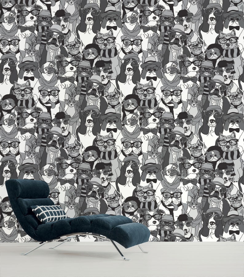 Puede incluir: Ilustraci&oacute;n en blanco y negro de un patr&oacute;n repetido de perros con gafas y sombreros. Los perros son de diferentes razas y tienen diferentes expresiones.