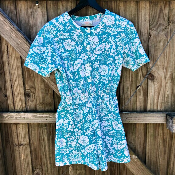 80s Coral Bay Womens White & Teal Blue Beach Romp… - image 2